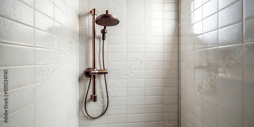 Minimalist bathroom with bronze brass hand shower, white tiles, natural light photo