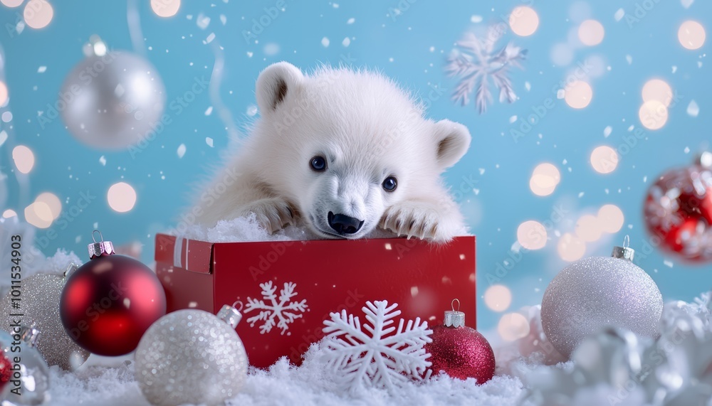 A baby polar bear cub inside a Christmas gift box, surrounded by snowflakes, festive ornaments, and twinkling holiday lights. A baby polar bear cub inside a Christmas gift box, surrounded by snowflakes, festive ornaments, and twinkling holiday lights.