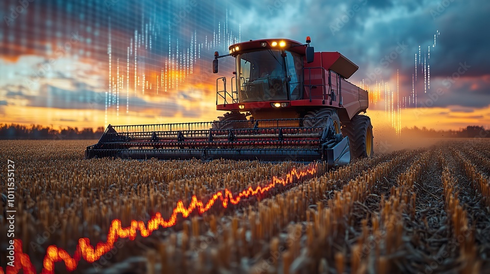 a combine harvester in wheat field with stock market graph overlay symbolizing the relationship between crop production ,market prices a combine harvester in wheat field with stock market graph overlay symbolizing the relationship between crop production ,market prices