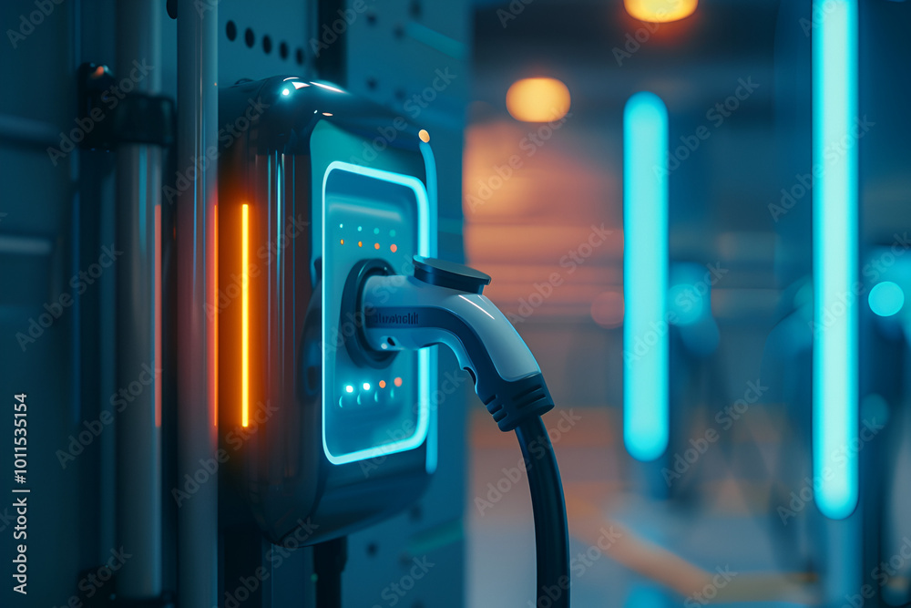 A glowing electric vehicle charger with a cable plugged in, illuminated in red, symbolizing modern, eco-friendly technology and sustainable transportation solutions. A glowing electric vehicle charger with a cable plugged in, illuminated in red, symbolizing modern, eco-friendly technology and sustainable transportation solutions.