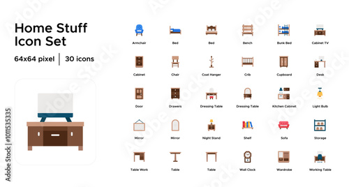 Home Stuff Flat Icon Set: Kitchenware, Bedding, Cleaning Supplies, Home Essentials, and Everyday Household Items