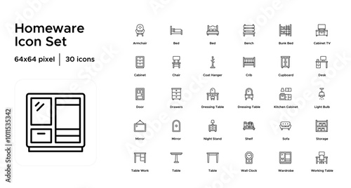 Homeware Line Icon Set: Cookware, Tableware, Storage Solutions, Home Accessories, and Functional Household Items