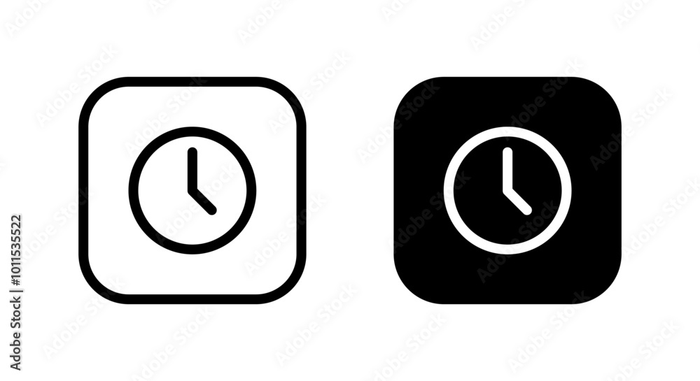 Clock, time icon on black square. Hour sign symbol Clock, time icon on black square. Hour sign symbol