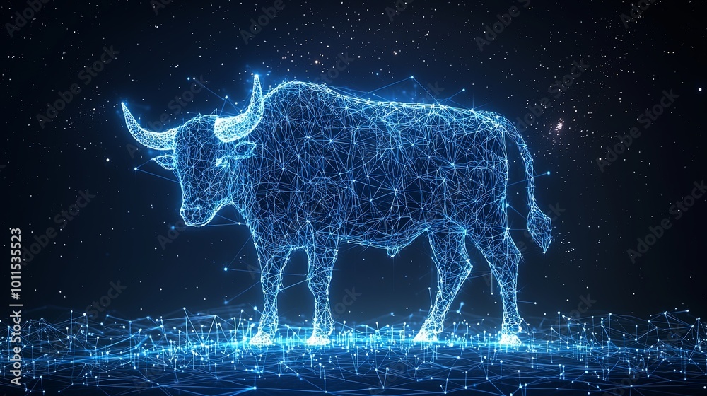 A striking side view of a bull, created with radiant digital lines, standing in a cosmic scene with countless stars, symbolizing perseverance and energy. A striking side view of a bull, created with radiant digital lines, standing in a cosmic scene with countless stars, symbolizing perseverance and energy.