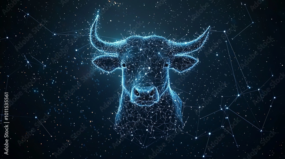 A dynamic digital depiction of a bull facing forward, crafted with neon lines, set against a backdrop of a starry universe, representing power and resilience. A dynamic digital depiction of a bull facing forward, crafted with neon lines, set against a backdrop of a starry universe, representing power and resilience.