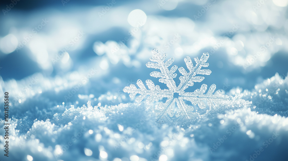 Close-up of a beautiful snowflake shining on the snow