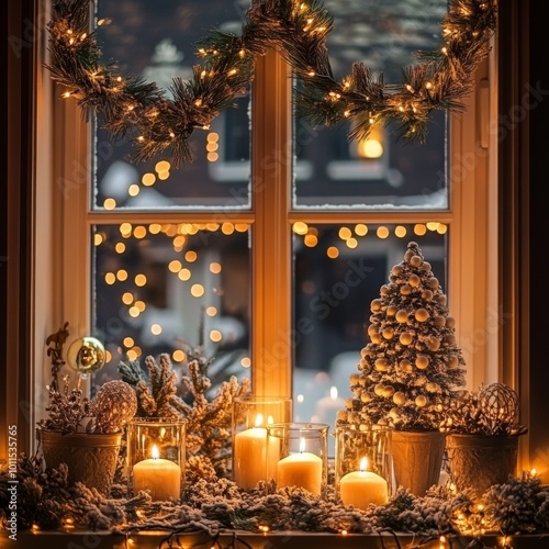 Christmas decoration window, balls trees, lights. Christmass wide banner,Burning candles and Christmas tree on the background of the window.