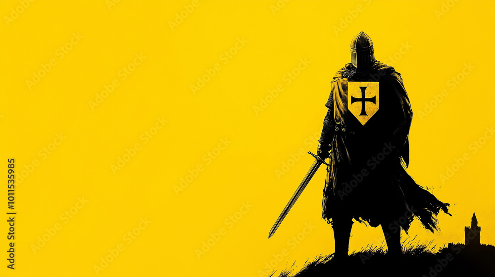 christian knight templar with sword and christian cross isolated on yellow background christian knight templar with sword and christian cross isolated on yellow background