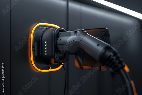  A glowing electric vehicle charger with a cable plugged in, illuminated in red, symbolizing modern, eco-friendly technology and sustainable transportation solutions.