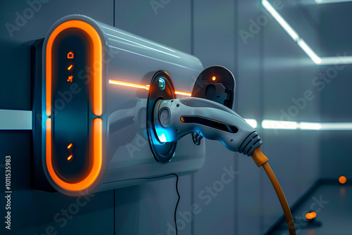  A glowing electric vehicle charger with a cable plugged in, illuminated in red, symbolizing modern, eco-friendly technology and sustainable transportation solutions.