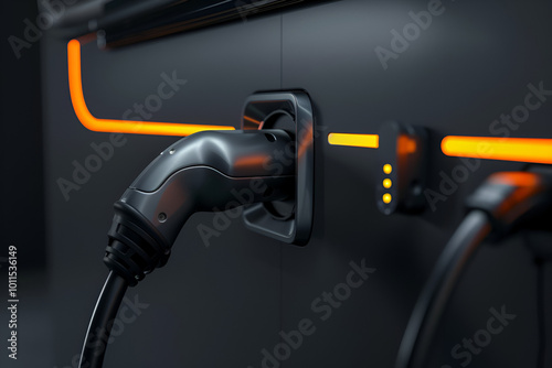  A glowing electric vehicle charger with a cable plugged in, illuminated in red, symbolizing modern, eco-friendly technology and sustainable transportation solutions.