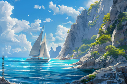 A sailboat glides by a rocky coastline with lush trees under a blue sky with fluffy clouds and distant sailboats.