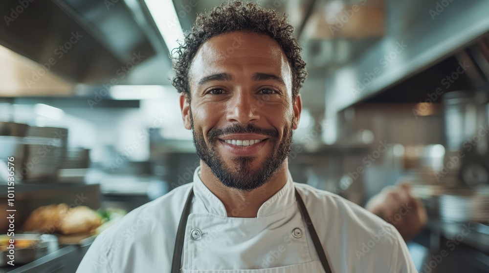 Fototapeta premium A chef grins bright while his coworkers focus on food prep, exemplifying teamwork and camaraderie in a vibrant professional kitchen setting.