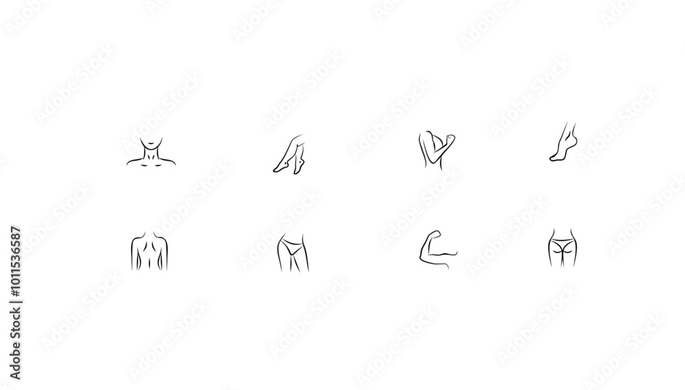 Fototapeta premium Human body parts icon set. Outline icons and logos. Icons of legs, arms, face, back, neck, foot