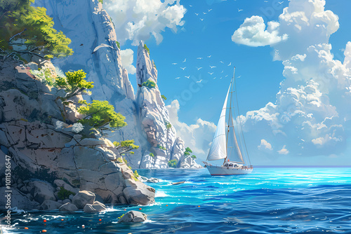 A sailboat glides by a rocky coastline with lush trees under a blue sky with fluffy clouds and distant sailboats.
