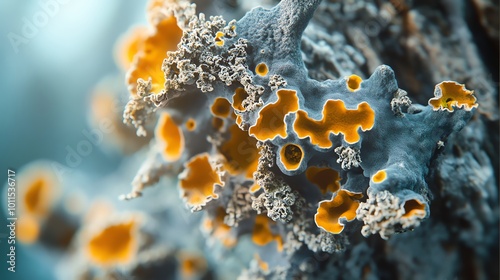 Colorful lichen growth on a tree branch. photo