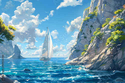 A sailboat glides by a rocky coastline with lush trees under a blue sky with fluffy clouds and distant sailboats.
