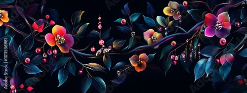 Elegant floral arrangement with iridescent flowers, against a dark background, in the style of vector art