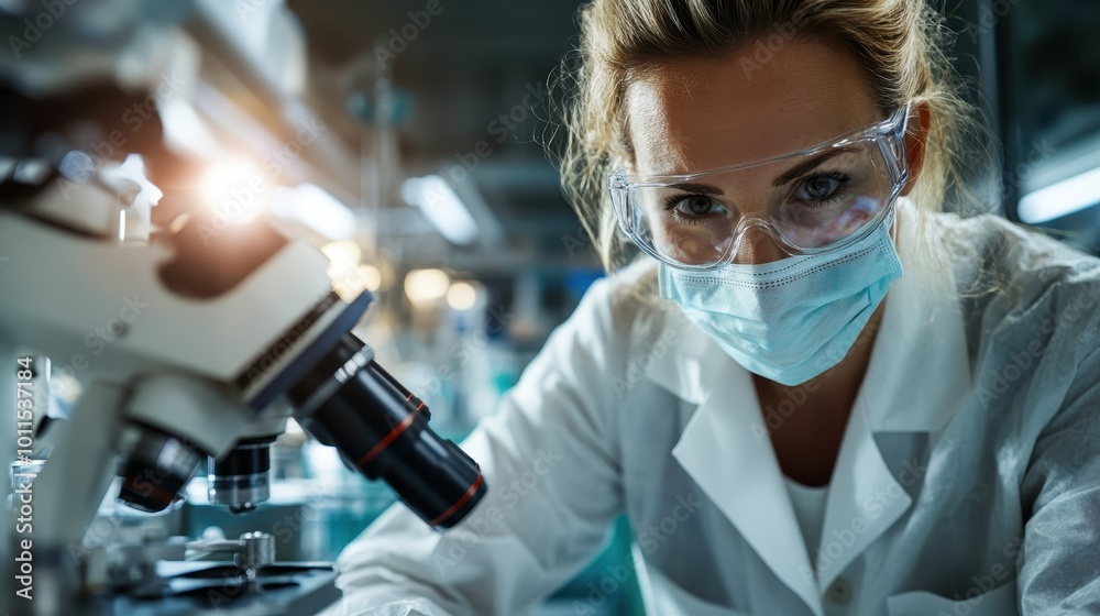 A lab technician wears safety gear while carefully analyzing a microscope sample, epitomizing the accuracy and dedication needed in scientific exploration. A lab technician wears safety gear while carefully analyzing a microscope sample, epitomizing the accuracy and dedication needed in scientific exploration.