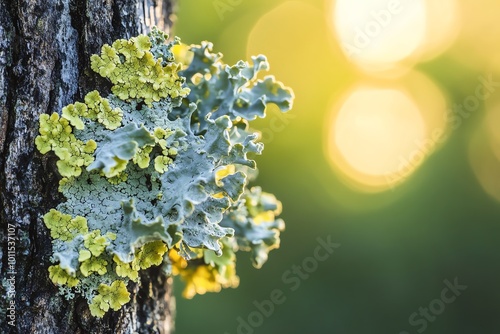 Lichen on tree with sunlight background photo