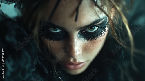 A striking portrait showing dramatic eyes heavily made-up with dark makeup, framed by lace and shadow, evoking a sense of mystery and theatrical flair.