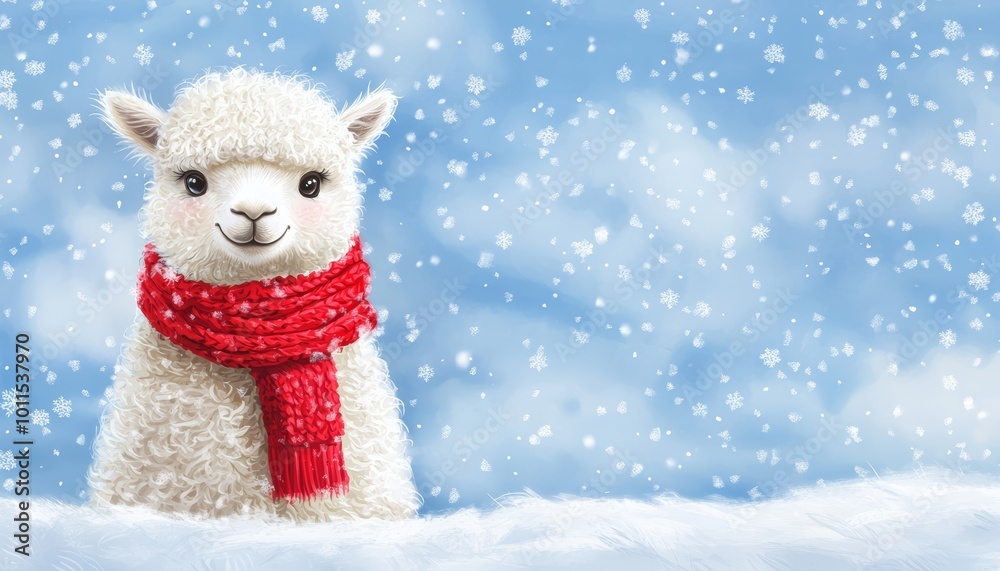 Fototapeta premium A cute alpaca wearing a red scarf, standing in a snow-covered meadow, with snowflakes gently falling from the sky.