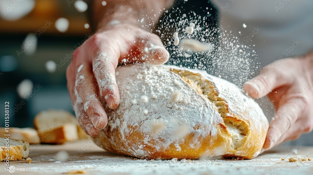 A close-up shot of a person's hands working dough on a wooden surface, with flour particles visibly floating around, capturing the essence of traditional bread-making. A close-up shot of a person's hands working dough on a wooden surface, with flour particles visibly floating around, capturing the essence of traditional bread-making.