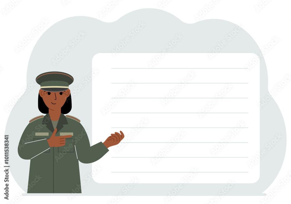 Female soldier in uniform next to a large white banner for your text. Postcard, advertisement, poster. Vector flat illustration Female soldier in uniform next to a large white banner for your text. Postcard, advertisement, poster. Vector flat illustration