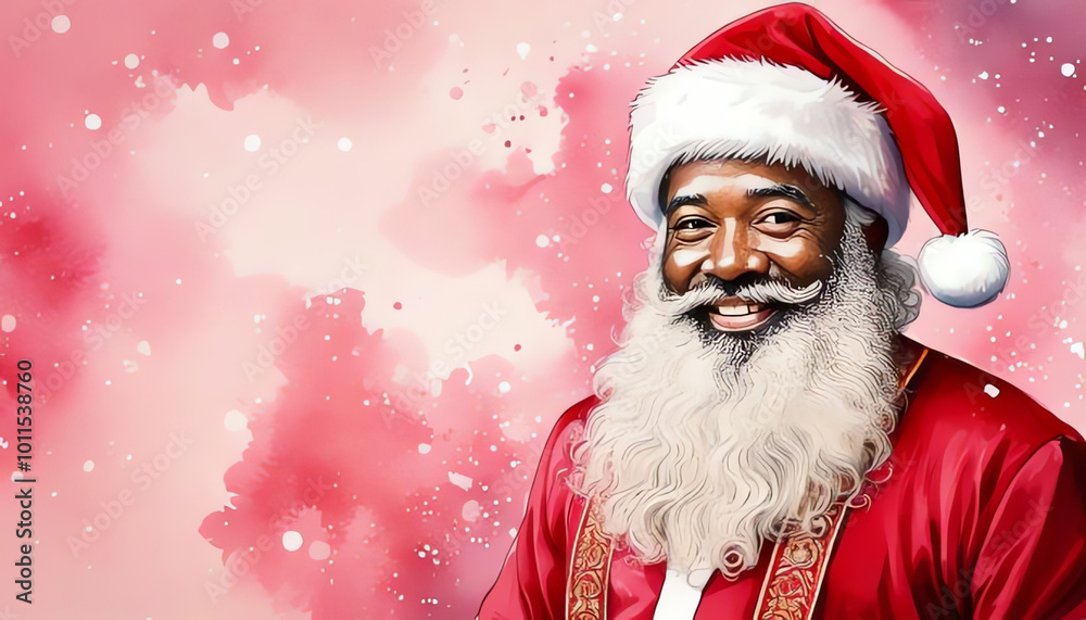 Santa Claus, Santa woman and a black Santa, pink background, illustration Santa Claus, Santa woman and a black Santa, pink background, illustration