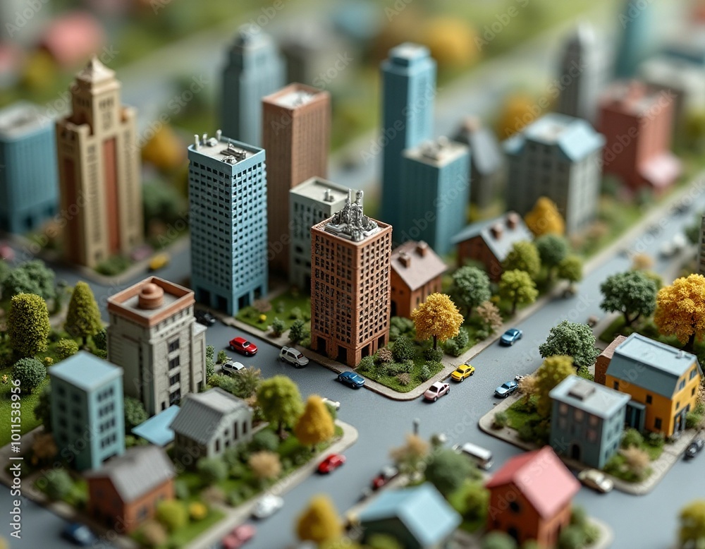 Fototapeta premium Detailed Miniature Cityscape: A miniature city on a table, complete with skyscrapers, houses, trees, and cars. 
