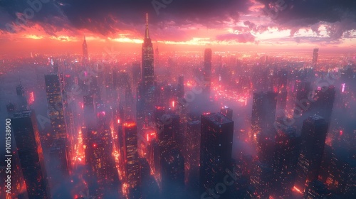 A vibrant city skyline at sunset, enveloped in mist and color.