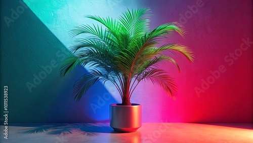 View of green palm tree species from a tree pot with beautiful foliage. 