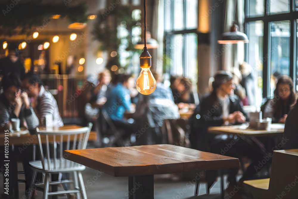 Warmly lit cafe with wooden table, blurred patrons, and inviting natural light Warmly lit cafe with wooden table, blurred patrons, and inviting natural light