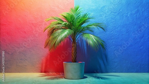 View of green palm tree species from a tree pot with beautiful foliage. 