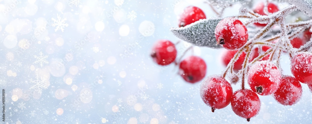 A delicate branch draped in snow, with bright red berries sparkling in the frost, as snowflakes fall like tiny crystals. A delicate branch draped in snow, with bright red berries sparkling in the frost, as snowflakes fall like tiny crystals.