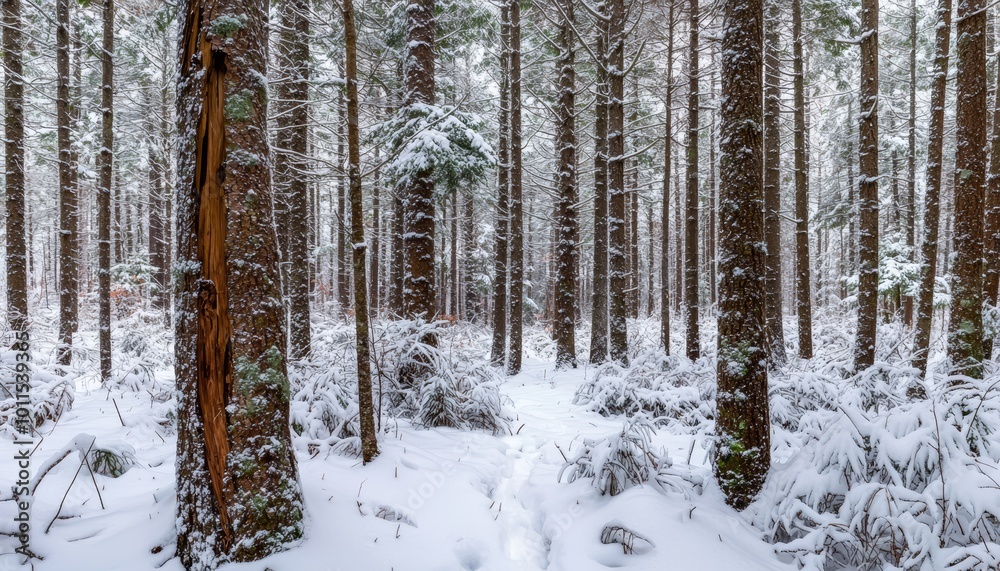 A dense evergreen forest in winter, with snow-draped branches and snowflakes falling softly through the stillness. A dense evergreen forest in winter, with snow-draped branches and snowflakes falling softly through the stillness.