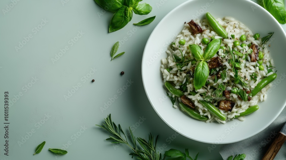 This image features a hearty risotto plate topped with fresh greens, capturing the essence of wholesome cooking and artistic culinary presentation. This image features a hearty risotto plate topped with fresh greens, capturing the essence of wholesome cooking and artistic culinary presentation.