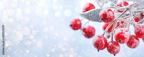 A delicate branch draped in snow, with bright red berries sparkling in the frost, as snowflakes fall like tiny crystals.