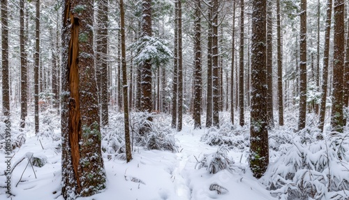 A dense evergreen forest in winter, with snow-draped branches and snowflakes falling softly through the stillness.