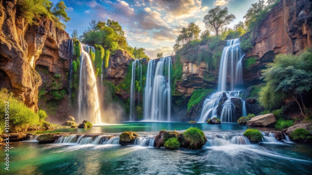 Fototapeta premium A Serene Waterfall Cascading Over Rugged Cliffs, Surrounded by Lush Greenery and bathed in Golden Sunlight