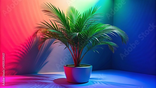 View of green palm tree species from a tree pot with beautiful foliage. 