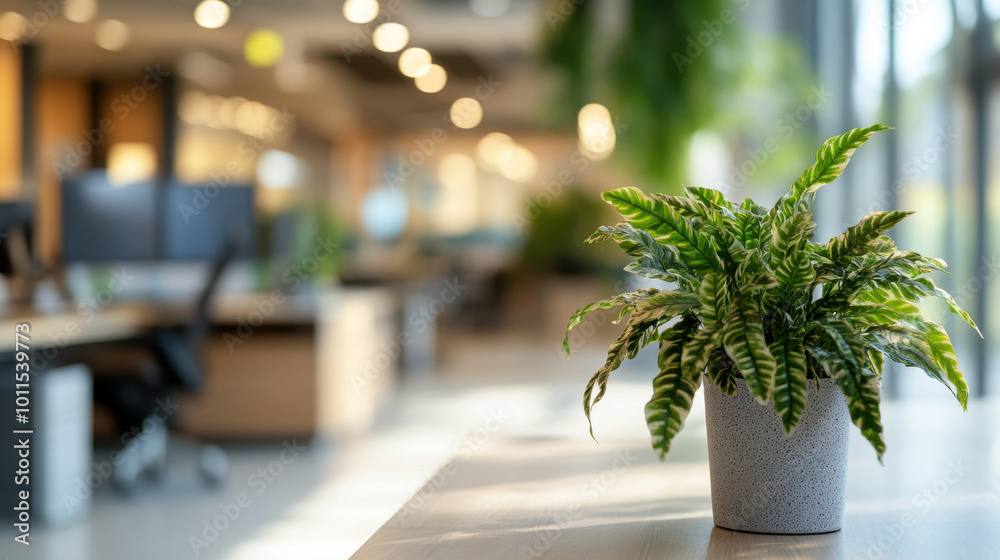 A vibrant green plant enhances the serene ambiance of a modern, well-lit office space A vibrant green plant enhances the serene ambiance of a modern, well-lit office space