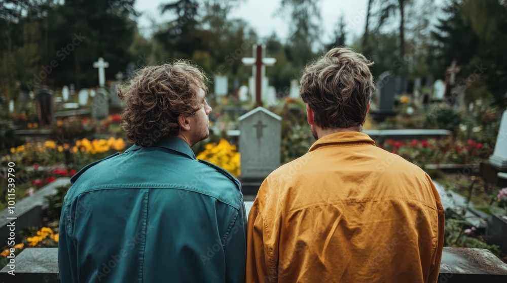 Two men, dressed casually, stand closely in a cemetery, their expressions of reflection and remembrance, as they face numerous gravestones among the greenery.