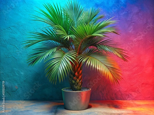 View of green palm tree species from a tree pot with beautiful foliage. 