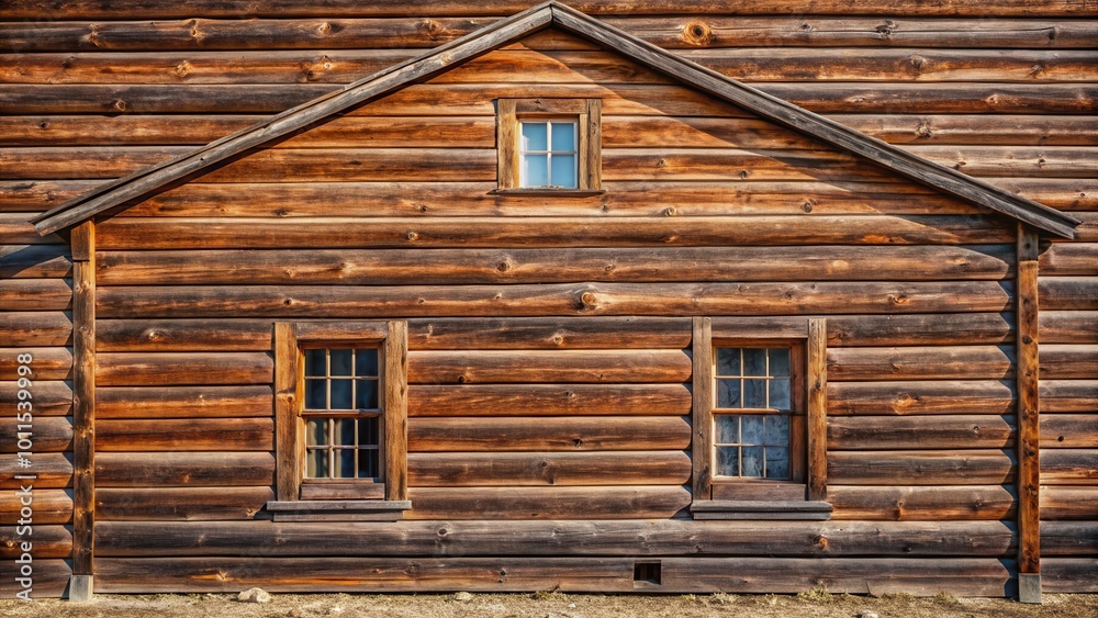 Naklejka premium The weathered exterior of a rustic log cabin with three windows and a peaked roof, showcasing the timeless beauty of traditional construction