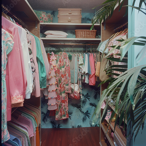 Organized closet with colorful clothing, boxes, and green plants, showcasing a tidy and stylish storage space.

