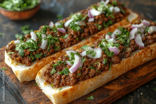 Ground Meat Sandwiches Topped with Red Onion and Cilantro