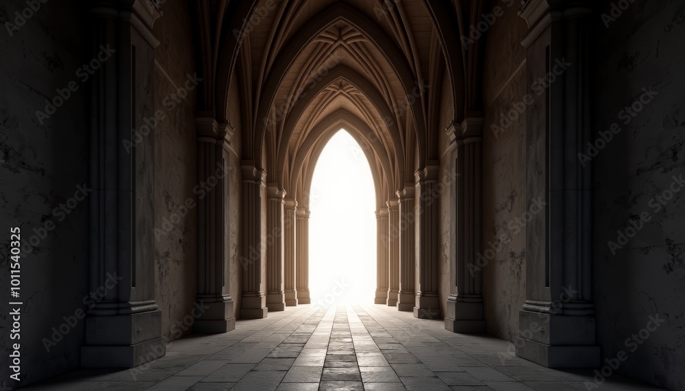 Gothic Cathedral Interior with Mysterious Light at the End Gothic Cathedral Interior with Mysterious Light at the End