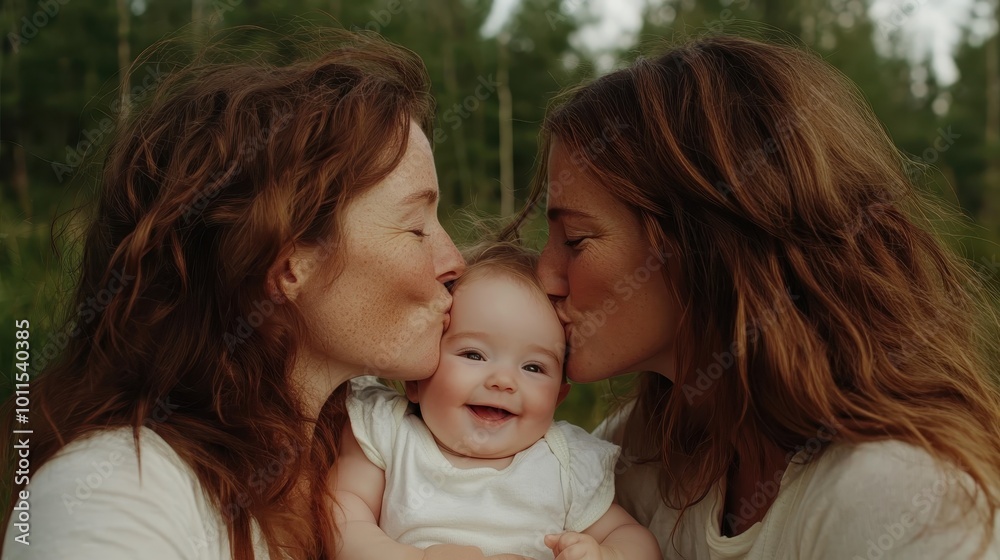 In a lush green setting, a baby enjoys a delightful moment, embraced by two women, offering a sense of joy and togetherness in this nature-filled portrait. In a lush green setting, a baby enjoys a delightful moment, embraced by two women, offering a sense of joy and togetherness in this nature-filled portrait.