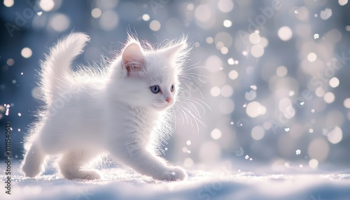 A fluffy white kitten exploring a snow-covered forest, with snowflakes landing softly on its fur in the wintry scene.